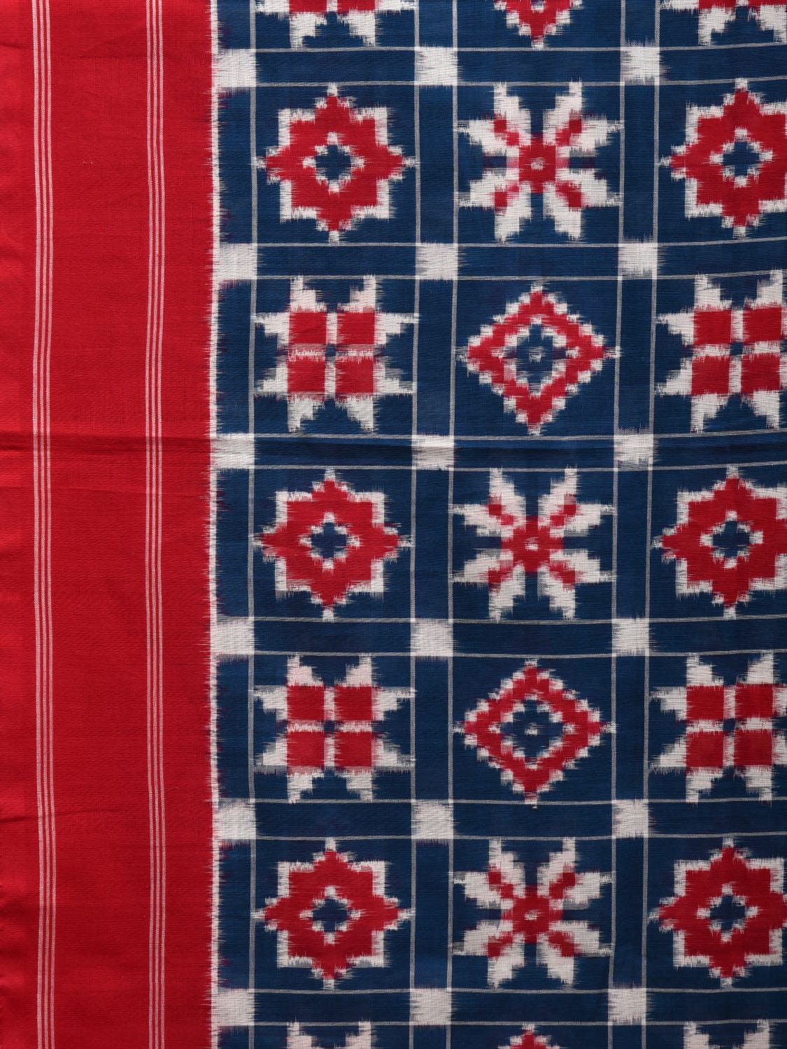 Blue and Red Pochampally Double Ikat Cotton Handloom Saree with Telia and Checks Design i0698