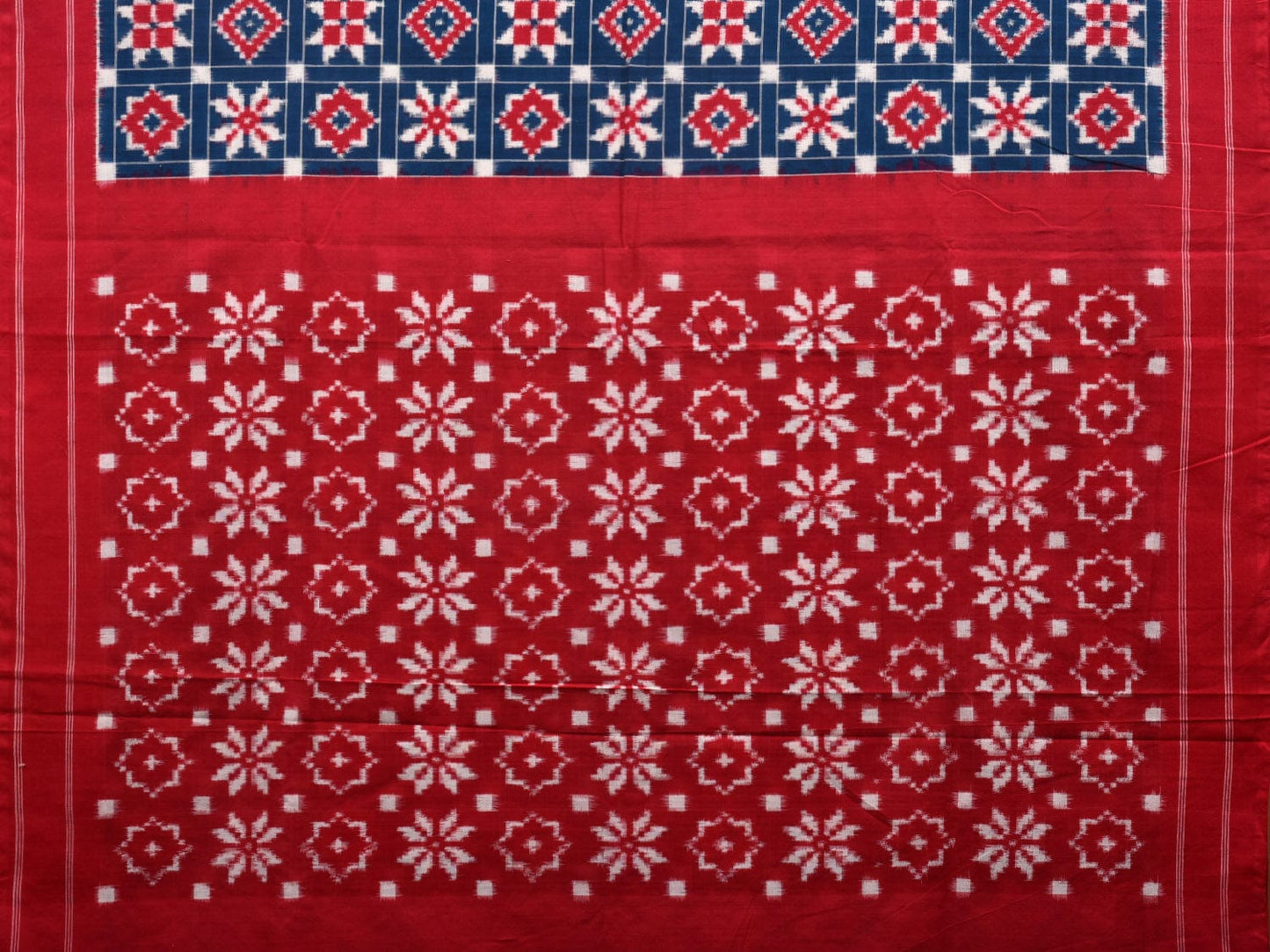 Blue and Red Pochampally Double Ikat Cotton Handloom Saree with Telia and Checks Design i0698