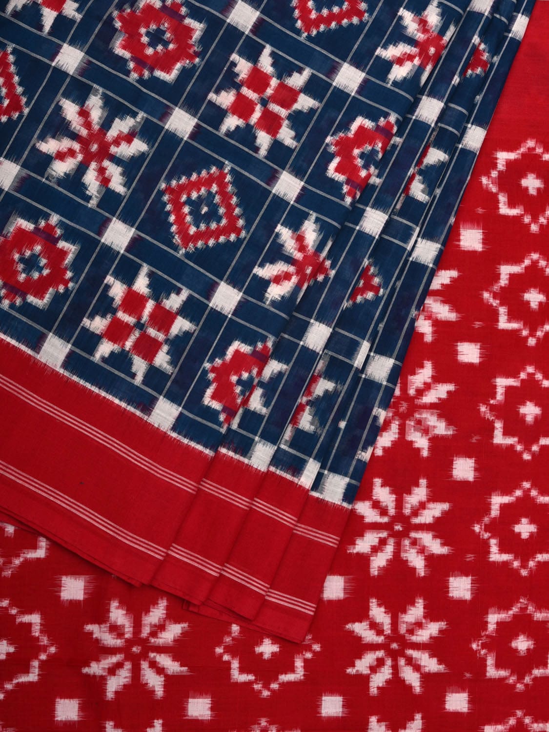 Blue and Red Pochampally Double Ikat Cotton Handloom Saree with Telia and Checks Design i0698