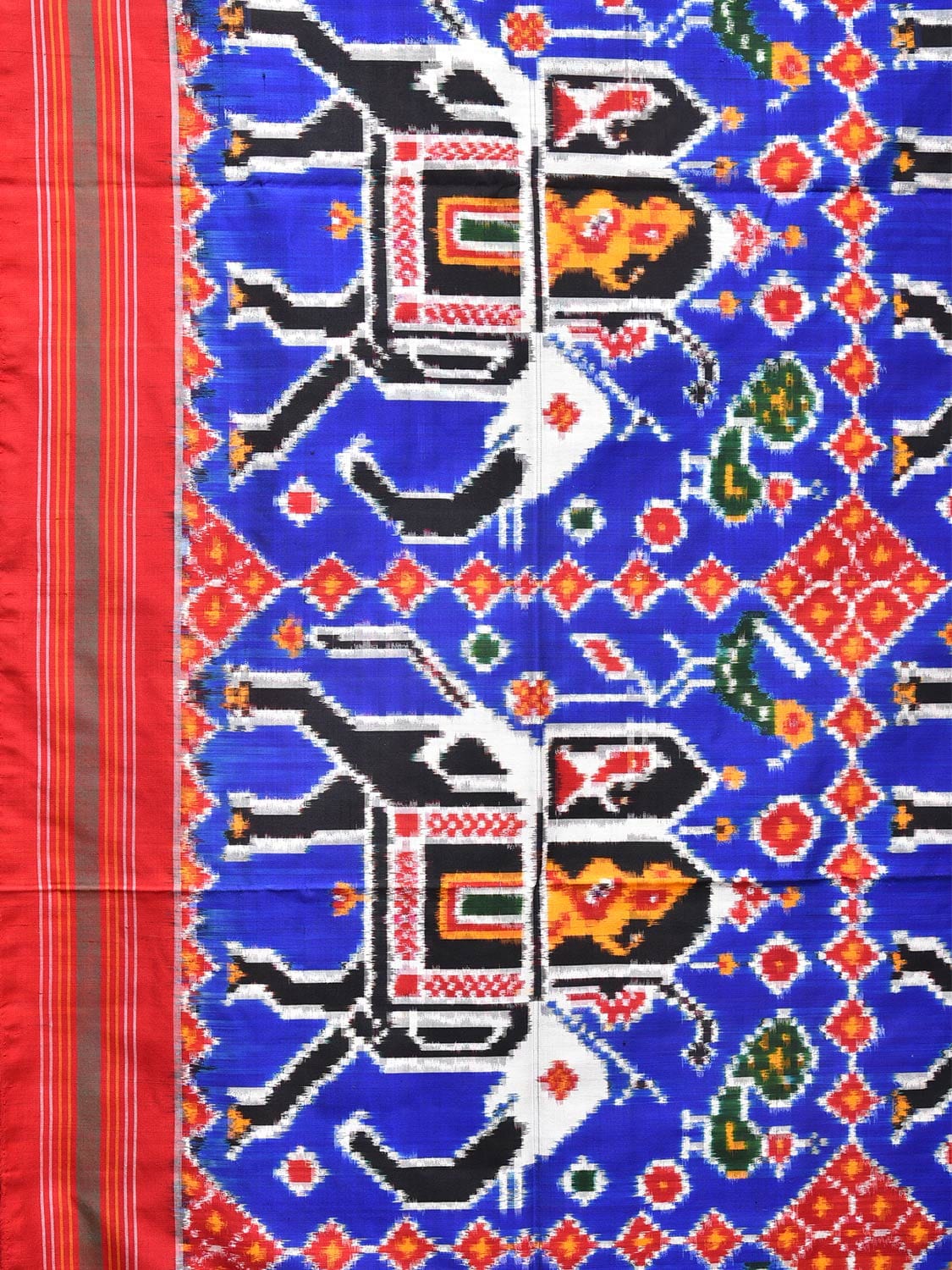 Blue and Red Pochampally Double Ikat Silk Handloom Saree with Big Elephant Design i0770