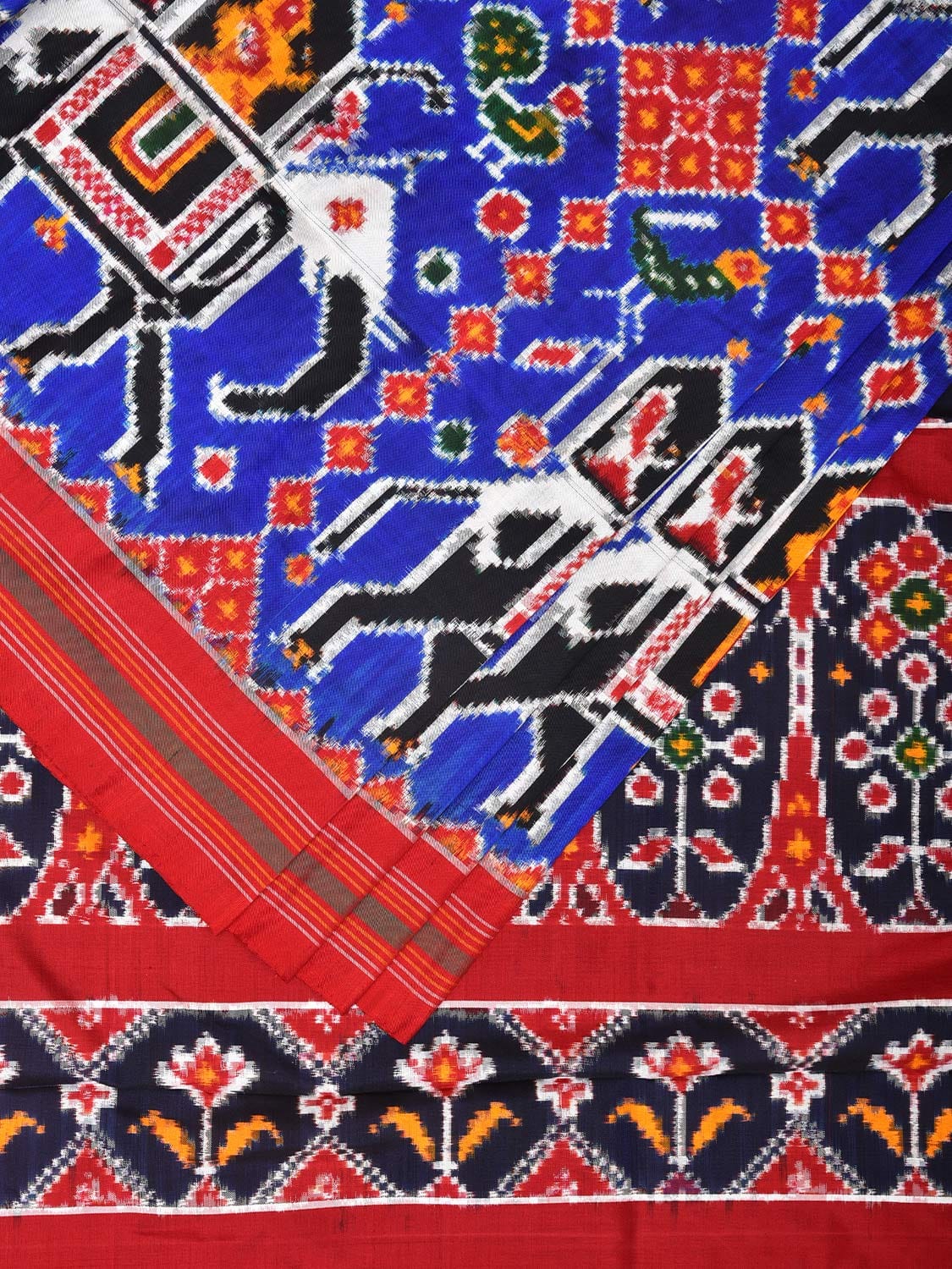 Blue and Red Pochampally Double Ikat Silk Handloom Saree with Big Elephant Design i0770