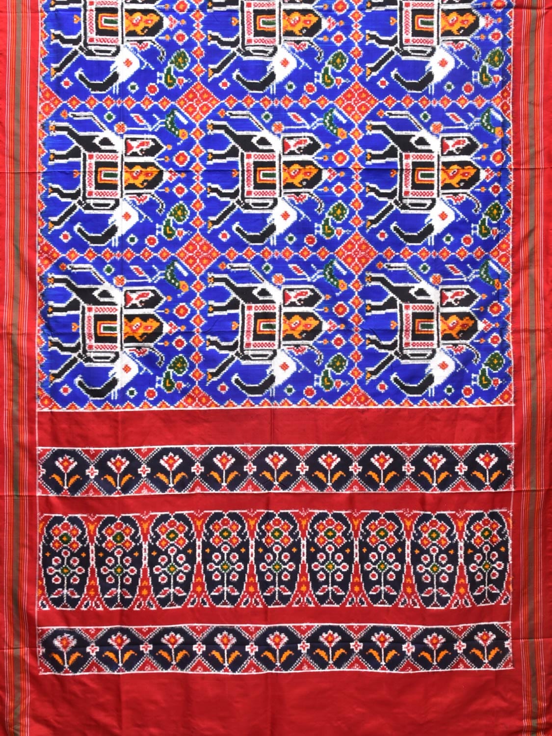 Blue and Red Pochampally Double Ikat Silk Handloom Saree with Big Elephant Design i0770