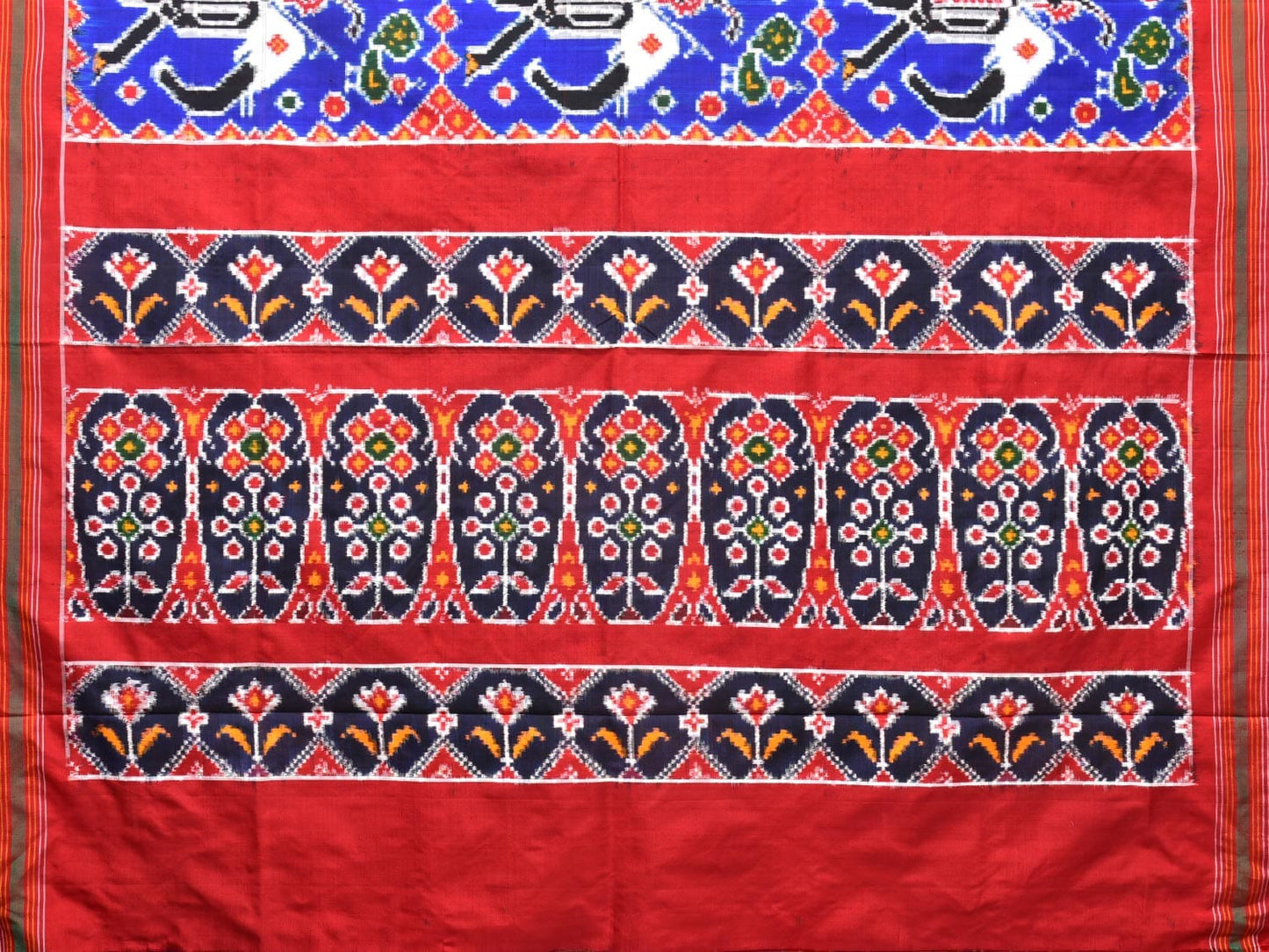 Blue and Red Pochampally Double Ikat Silk Handloom Saree with Big Elephant Design i0770