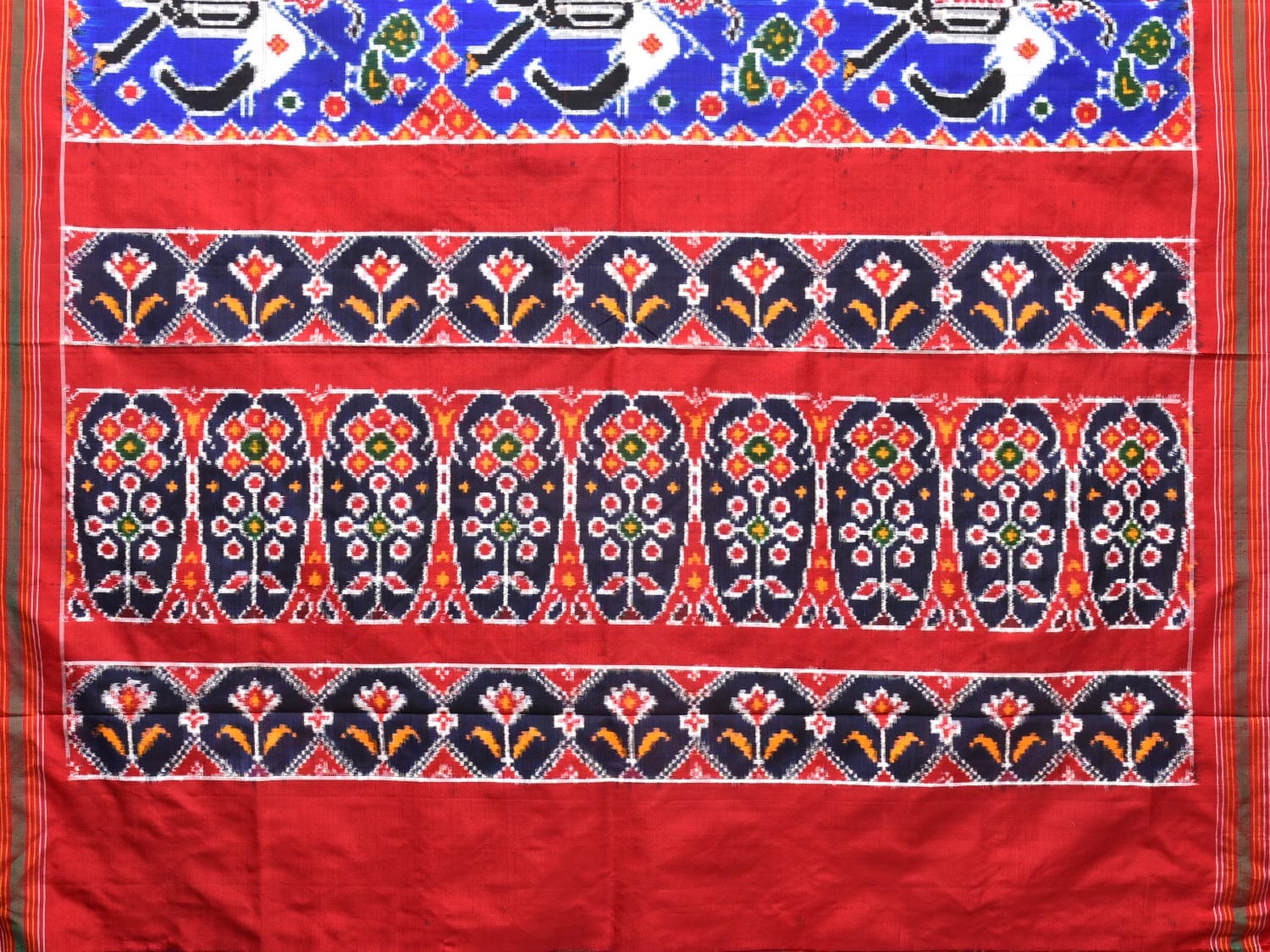 Blue and Red Pochampally Double Ikat Silk Handloom Saree with Big Elephant Design i0770