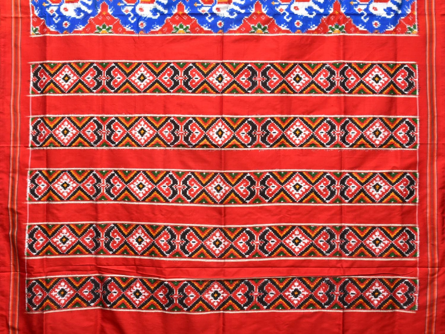 Blue and Red Pochampally Double Ikat Silk Handloom Saree with Elephant Design i0769