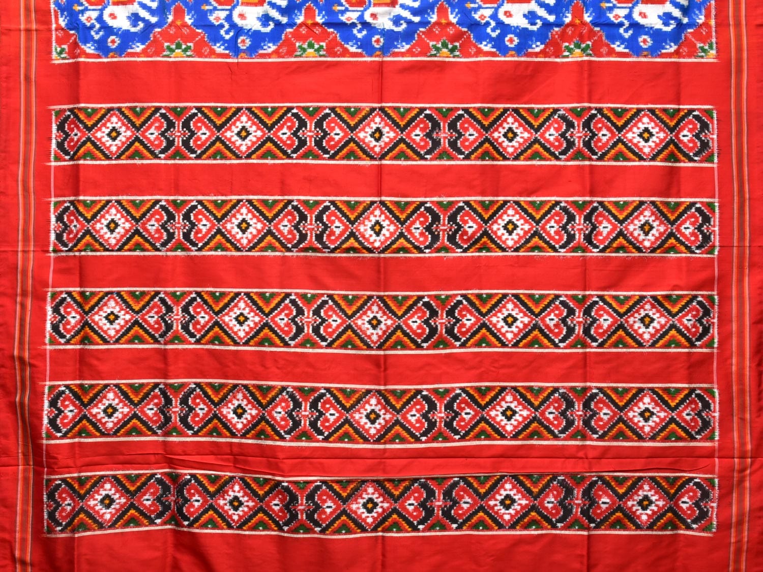 Blue and Red Pochampally Double Ikat Silk Handloom Saree with Elephant Design i0769