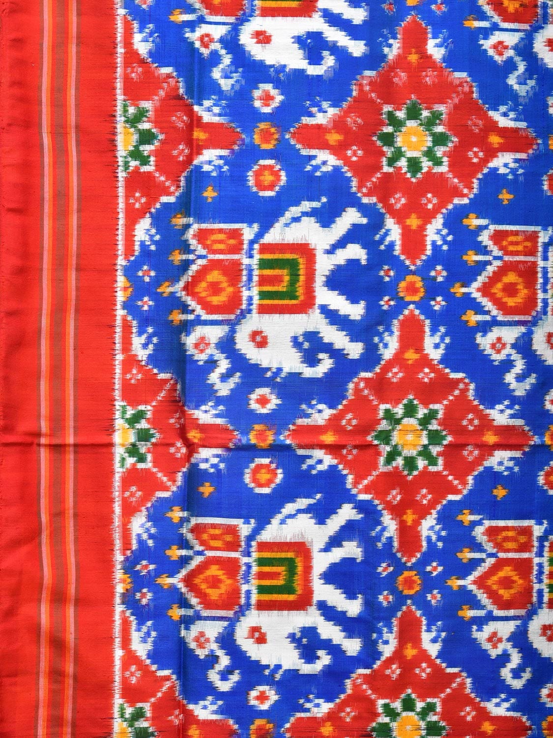 Blue and Red Pochampally Double Ikat Silk Handloom Saree with Elephant Design i0769