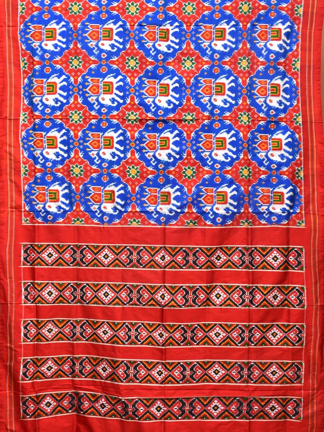 Blue and Red Pochampally Double Ikat Silk Handloom Saree with Elephant Design i0769