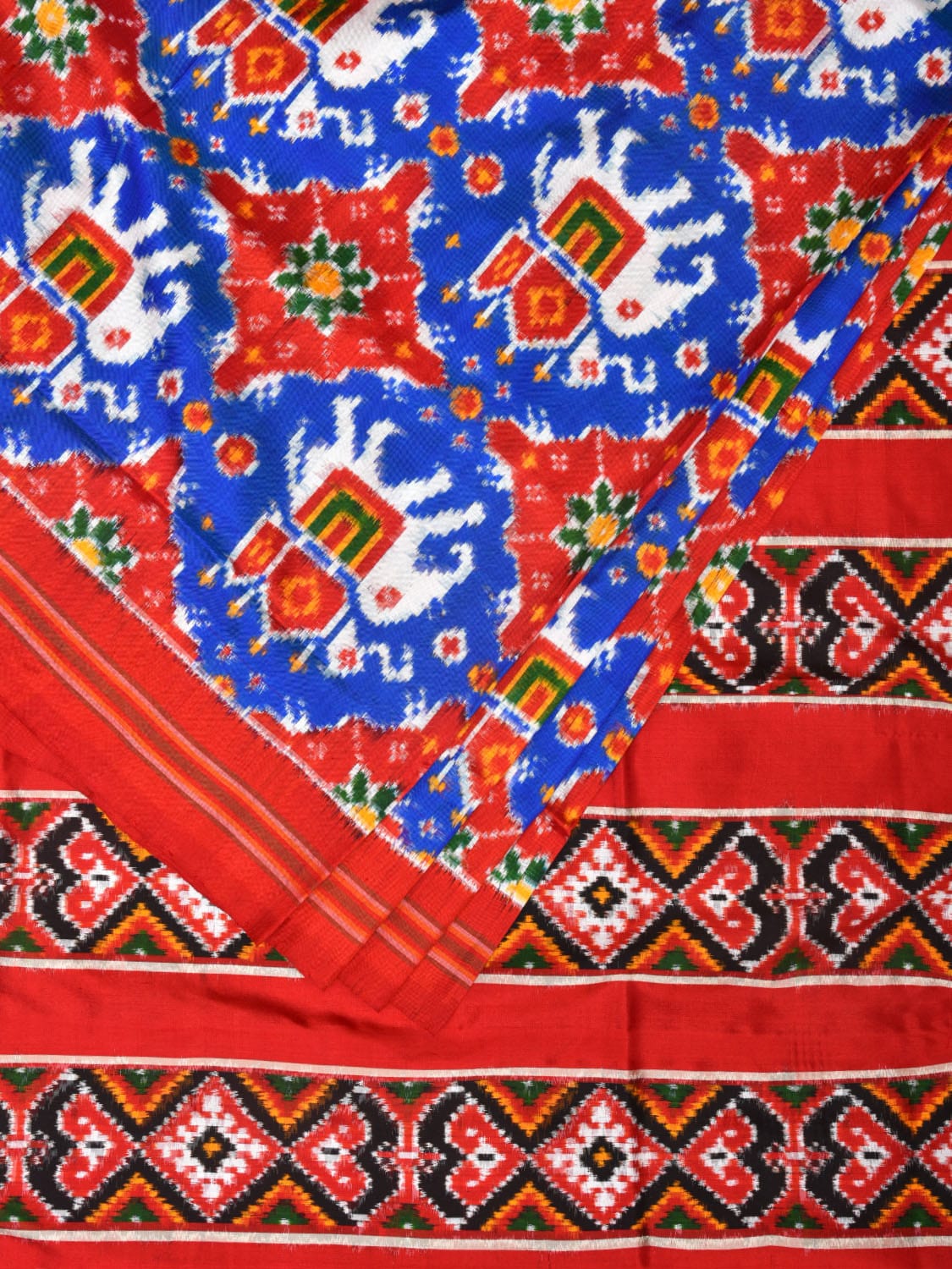 Blue and Red Pochampally Double Ikat Silk Handloom Saree with Elephant Design i0769