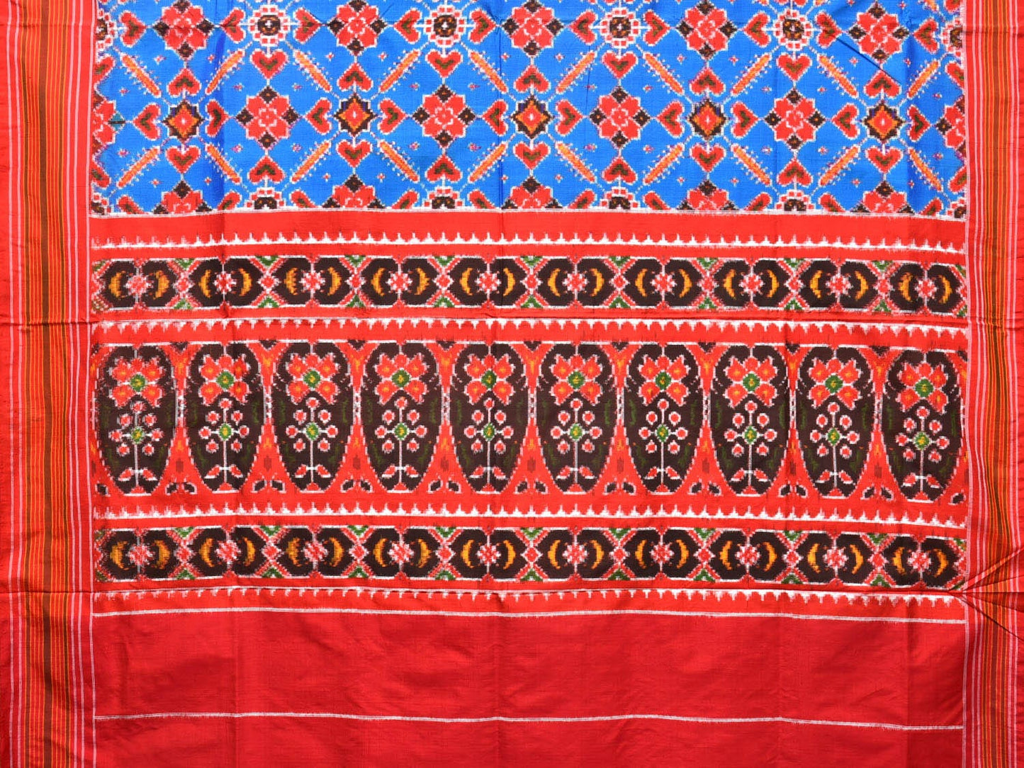 Blue and Red Pochampally Double Ikat Silk Handloom Saree with Panpatola Design i0759