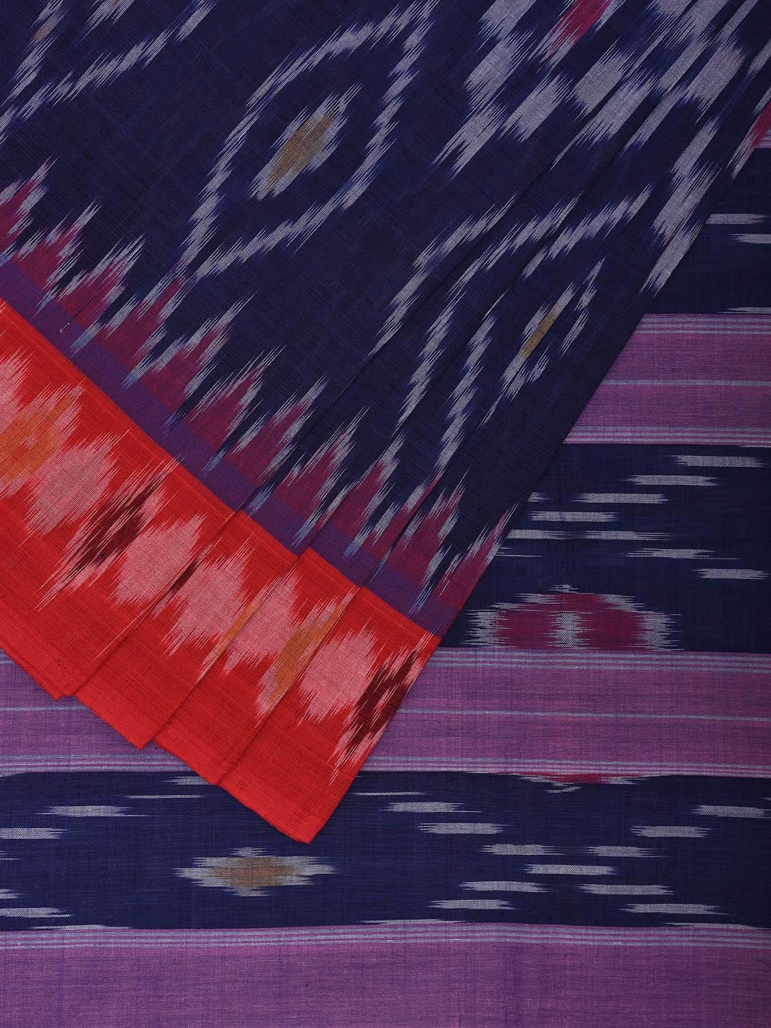 Blue and Red Pochampally Ikat Cotton Handloom Saree with All Over and Temple Border Design No Blouse i0883