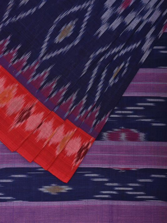 Blue and Red Pochampally Ikat Cotton Handloom Saree with All Over and Temple Border Design No Blouse i0883