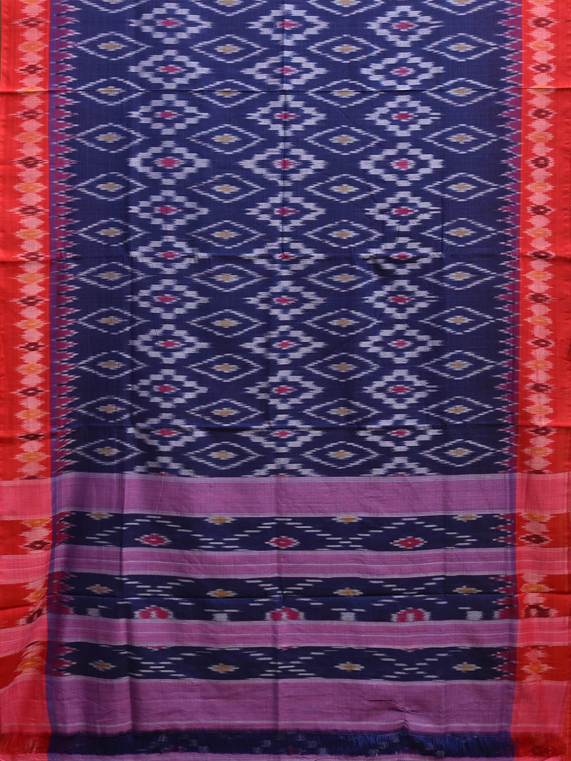 Blue and Red Pochampally Ikat Cotton Handloom Saree with All Over and Temple Border Design No Blouse i0883