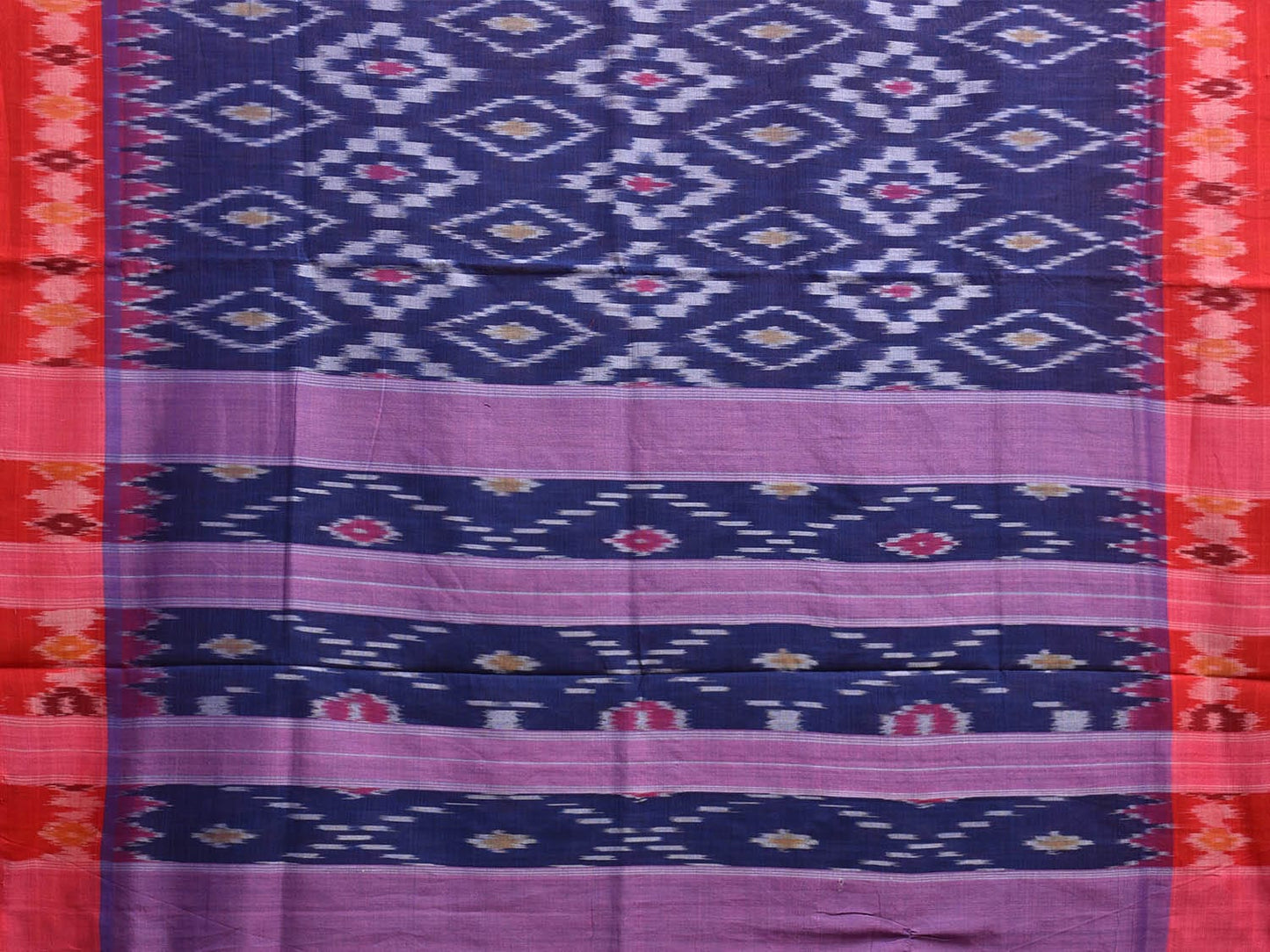Blue and Red Pochampally Ikat Cotton Handloom Saree with All Over and Temple Border Design No Blouse i0883