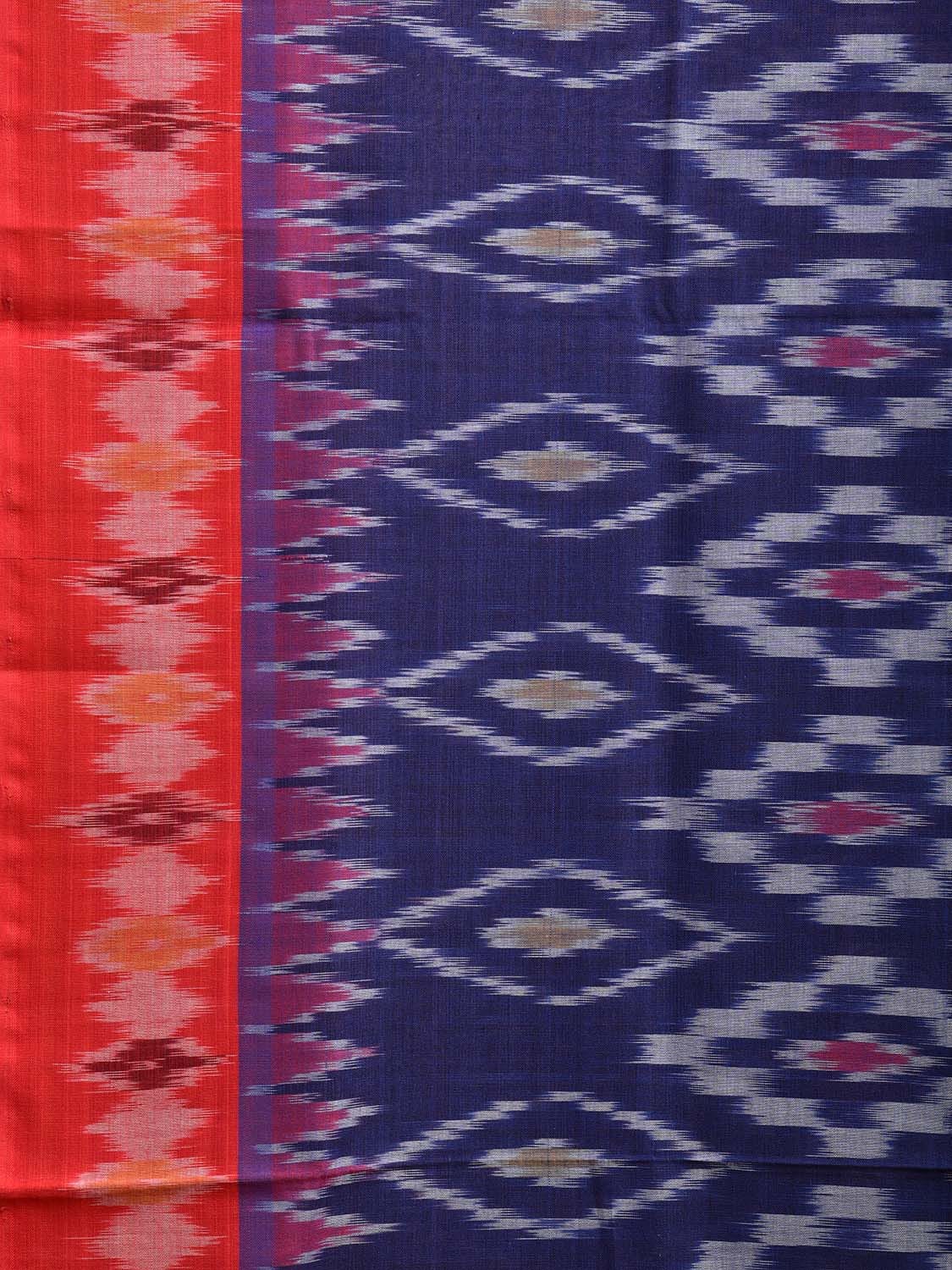 Blue and Red Pochampally Ikat Cotton Handloom Saree with All Over and Temple Border Design No Blouse i0883