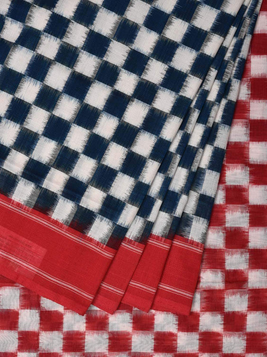 Blue and Red Pochampally Ikat Cotton Handloom Saree with Small Checks Design i0601