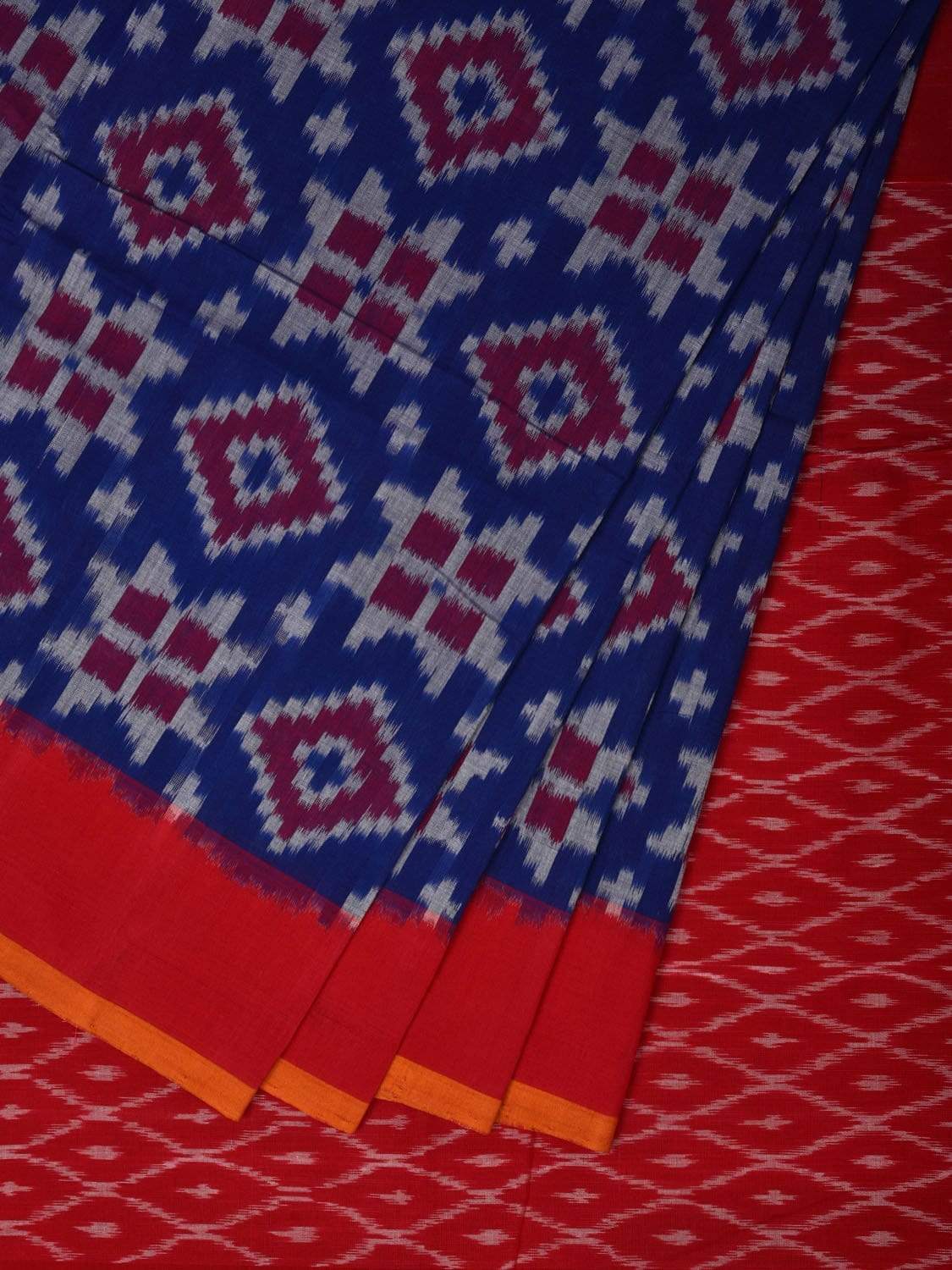 Blue and Red Pochampally Ikat Cotton Handloom Saree with Telia Design i0625