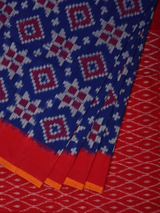 Blue and Red Pochampally Ikat Cotton Handloom Saree with Telia Design i0625