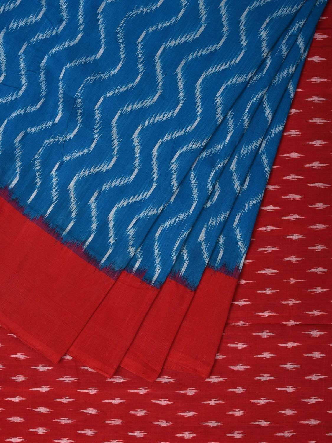 Blue and Red Pochampally Ikat Cotton Handloom Saree with Waves Design i0599