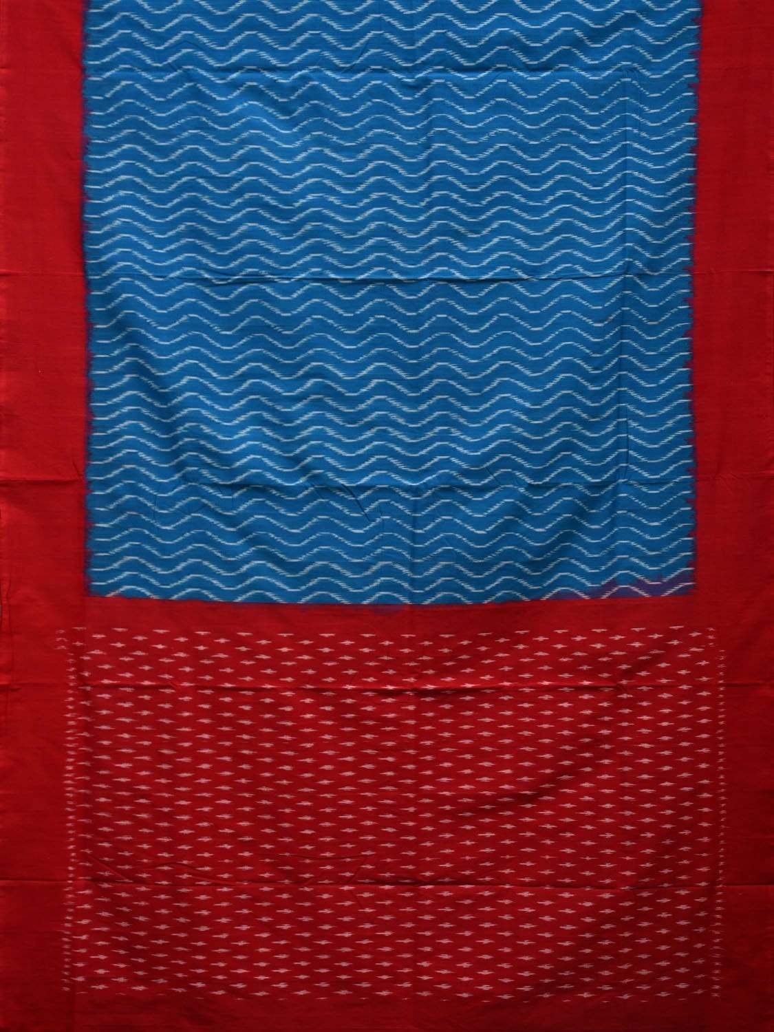 Blue and Red Pochampally Ikat Cotton Handloom Saree with Waves Design i0599