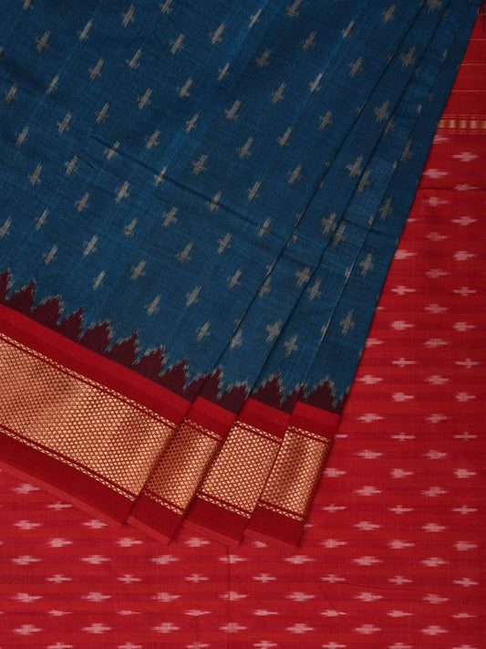 Blue and Red Pochampally Ikat Cotton Handloom Saree with Zari Border Design i0623