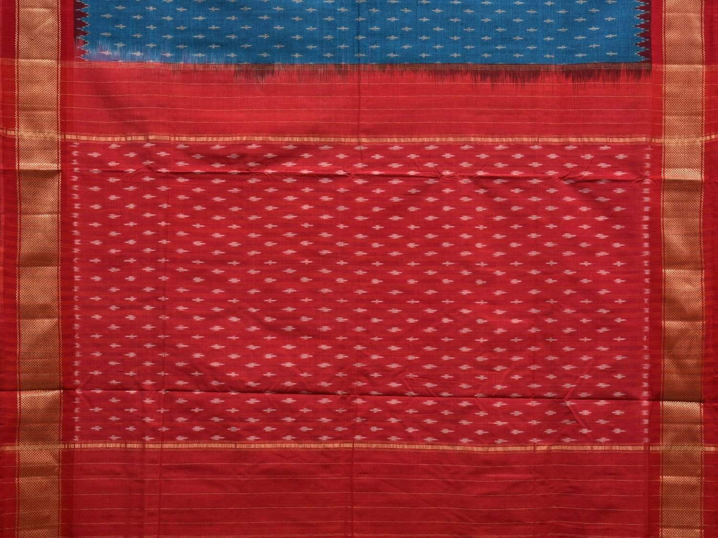 Blue and Red Pochampally Ikat Cotton Handloom Saree with Zari Border Design i0623