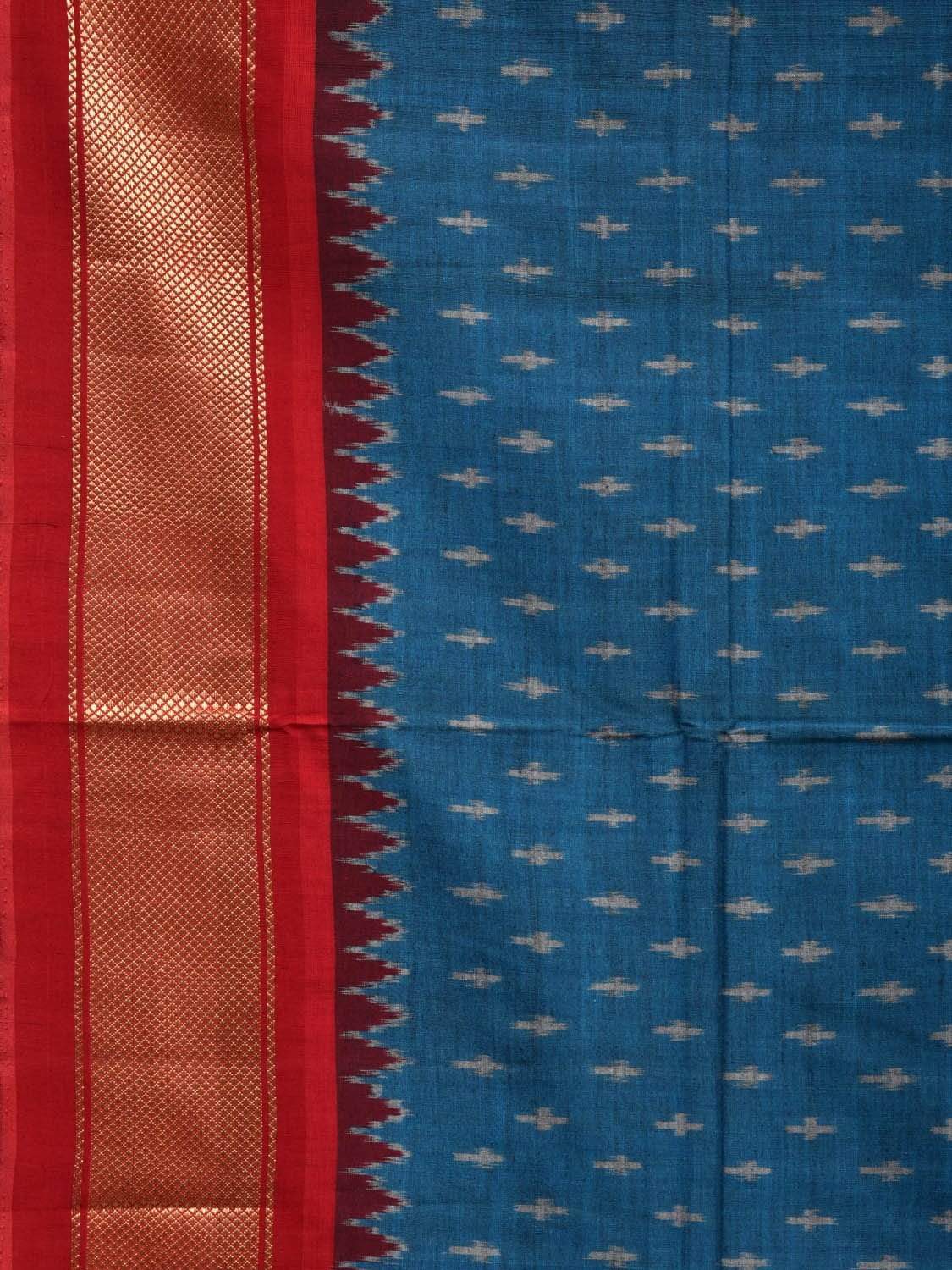 Blue and Red Pochampally Ikat Cotton Handloom Saree with Zari Border Design i0623