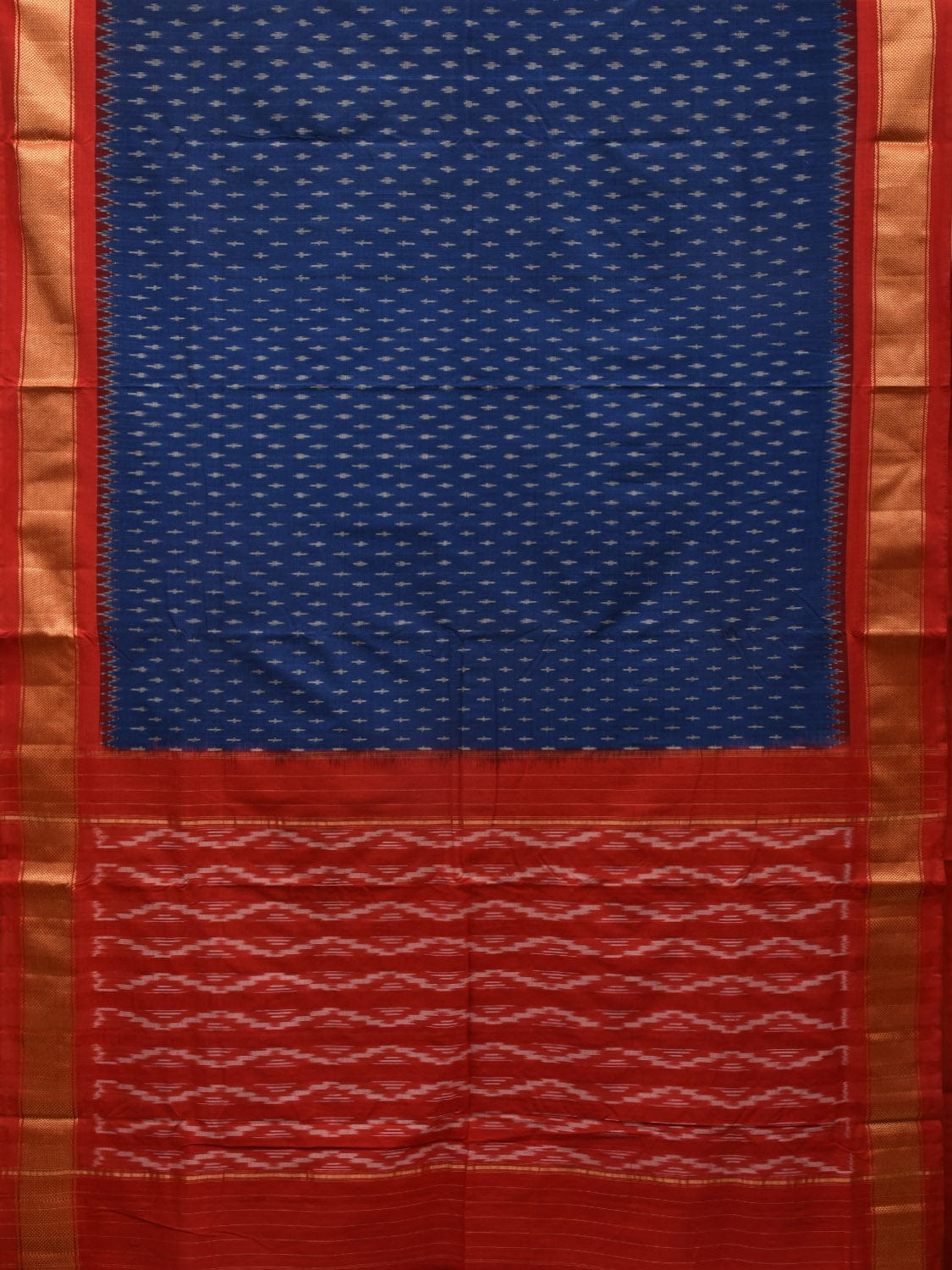 Blue and Red Pochampally Ikat Cotton Handloom Saree with Zari Border Design i0705