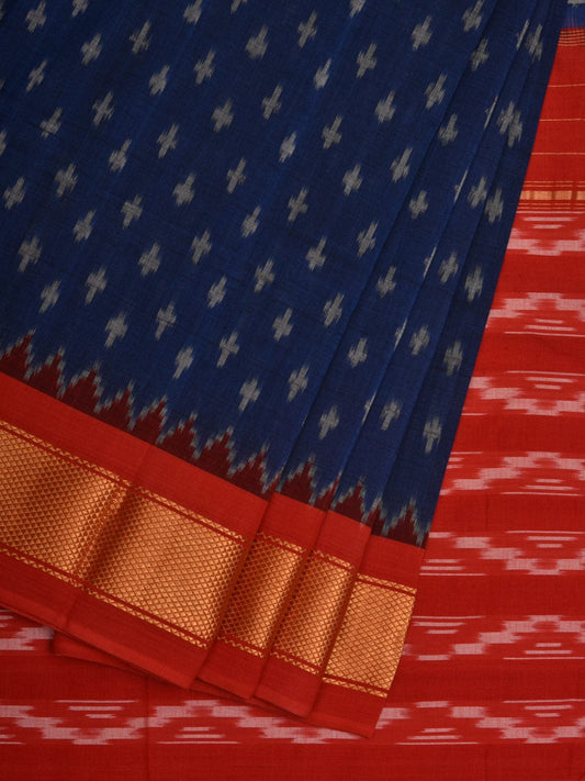Blue and Red Pochampally Ikat Cotton Handloom Saree with Zari Border Design i0705