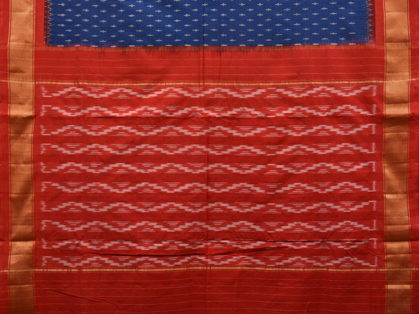 Blue and Red Pochampally Ikat Cotton Handloom Saree with Zari Border Design i0705