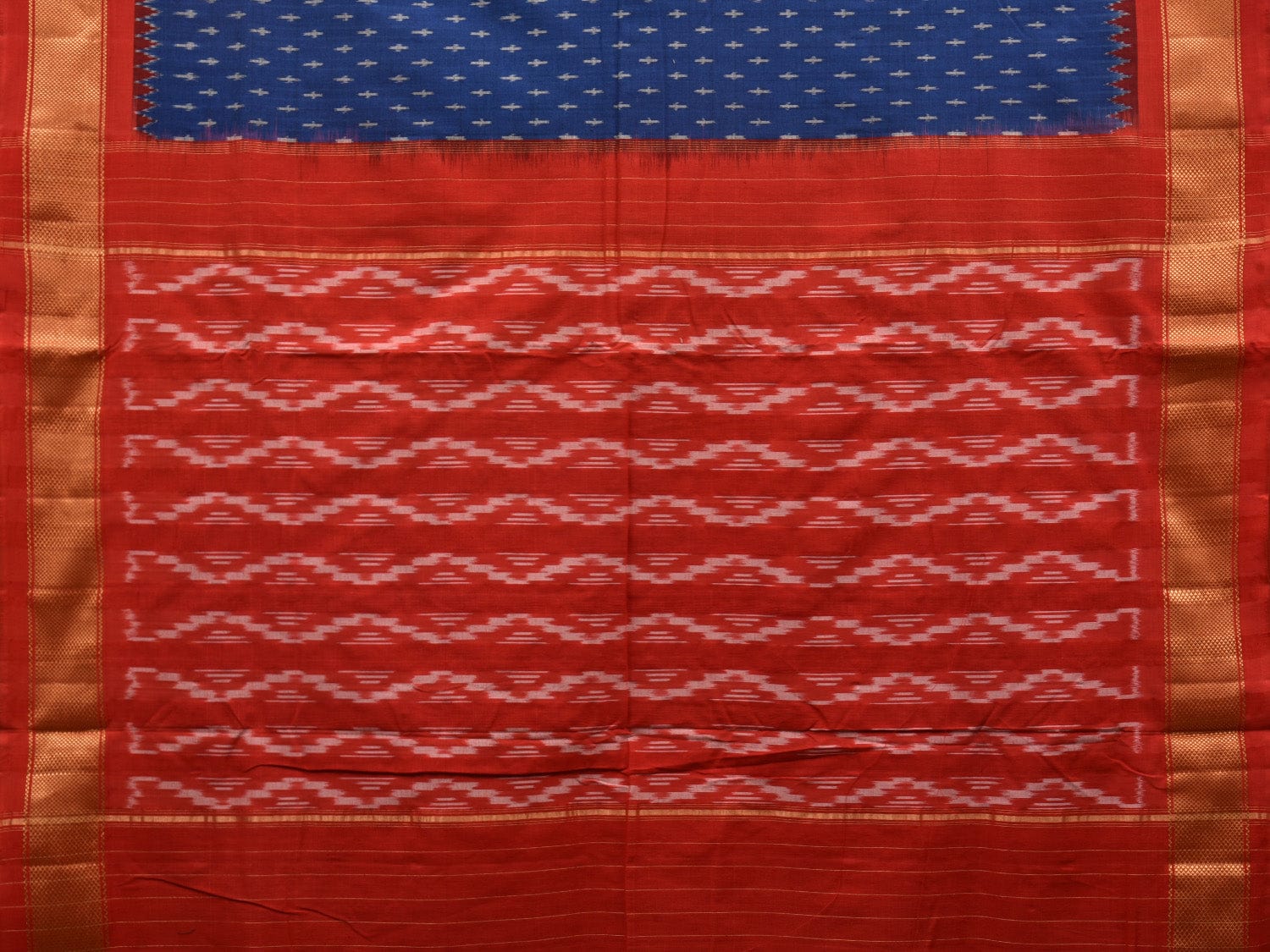 Blue and Red Pochampally Ikat Cotton Handloom Saree with Zari Border Design i0705