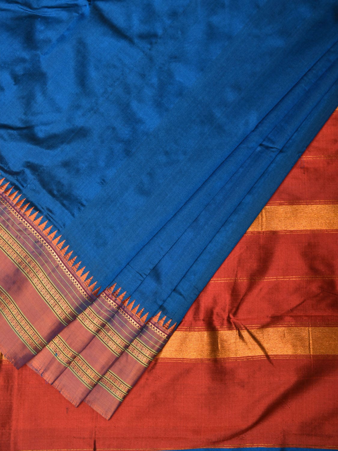 Blue and Rust Narayanpet Silk Handloom Plain Saree with Traditional Border Design No Blouse np0669