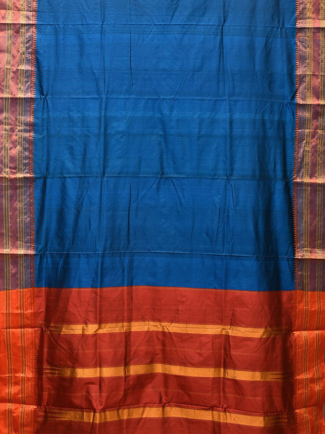 Blue and Rust Narayanpet Silk Handloom Plain Saree with Traditional Border Design No Blouse np0669