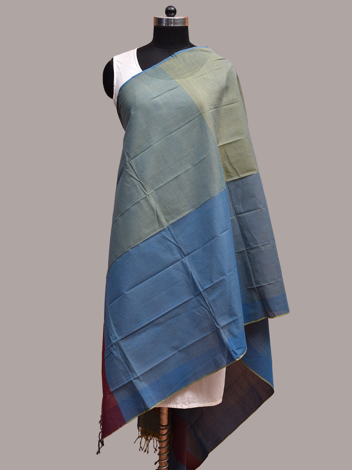 Blue and Sea Green Mangalgiri Cotton Handloom Dupatta with Strips Design ds3669