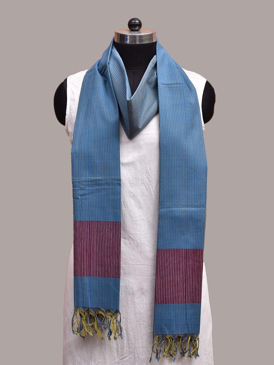 Blue and Sea Green Mangalgiri Cotton Handloom Dupatta with Strips Design ds3669