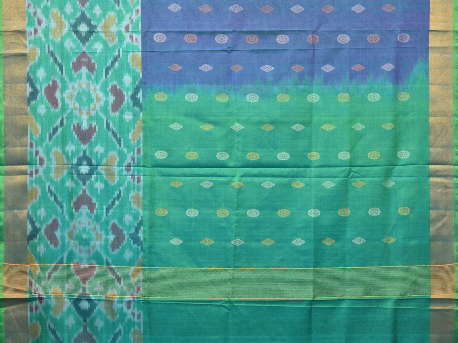 Blue and Sea Green Uppada Silk Handloom Saree with Buta and Ikat Border Design u2082