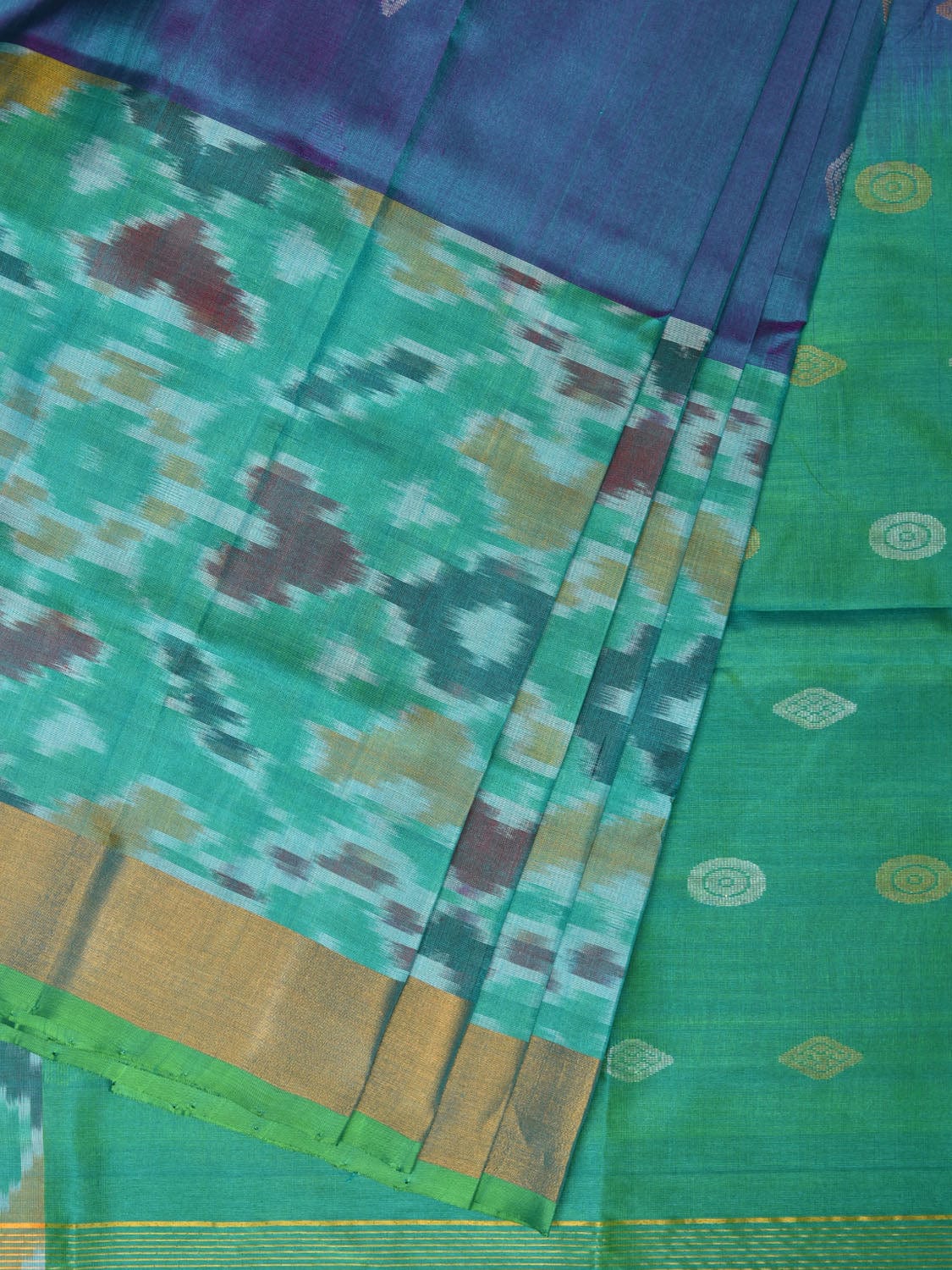 Blue and Sea Green Uppada Silk Handloom Saree with Buta and Ikat Border Design u2082