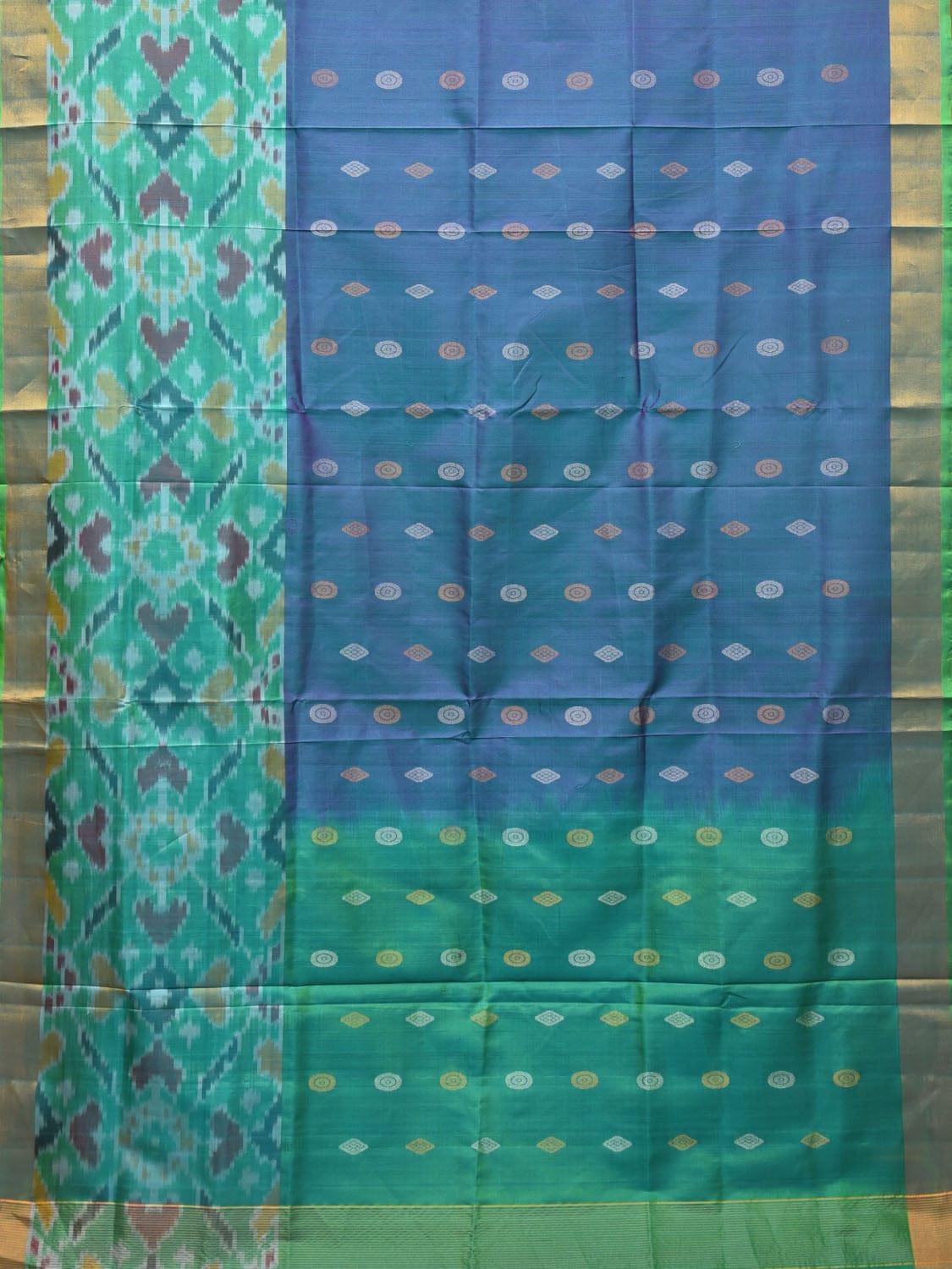 Blue and Sea Green Uppada Silk Handloom Saree with Buta and Ikat Border Design u2082