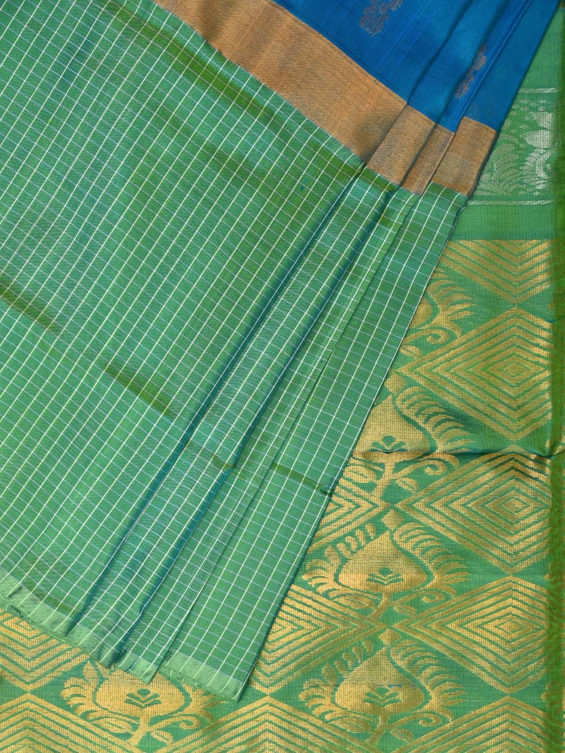 Blue and Sea Green Uppada Silk Handloom Saree with Buta, Border Checks and Pallu Design u2086