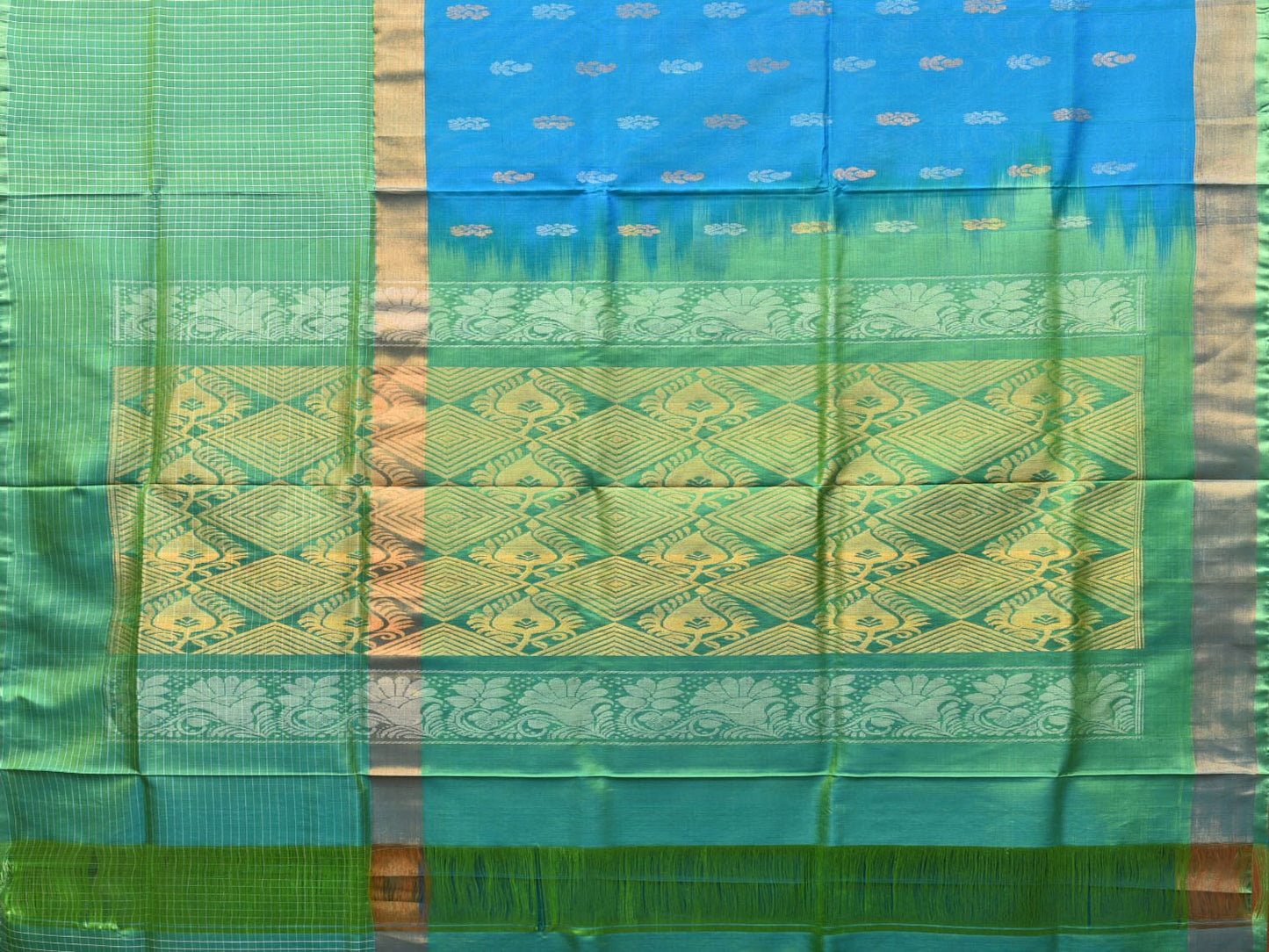 Blue and Sea Green Uppada Silk Handloom Saree with Buta, Border Checks and Pallu Design u2086