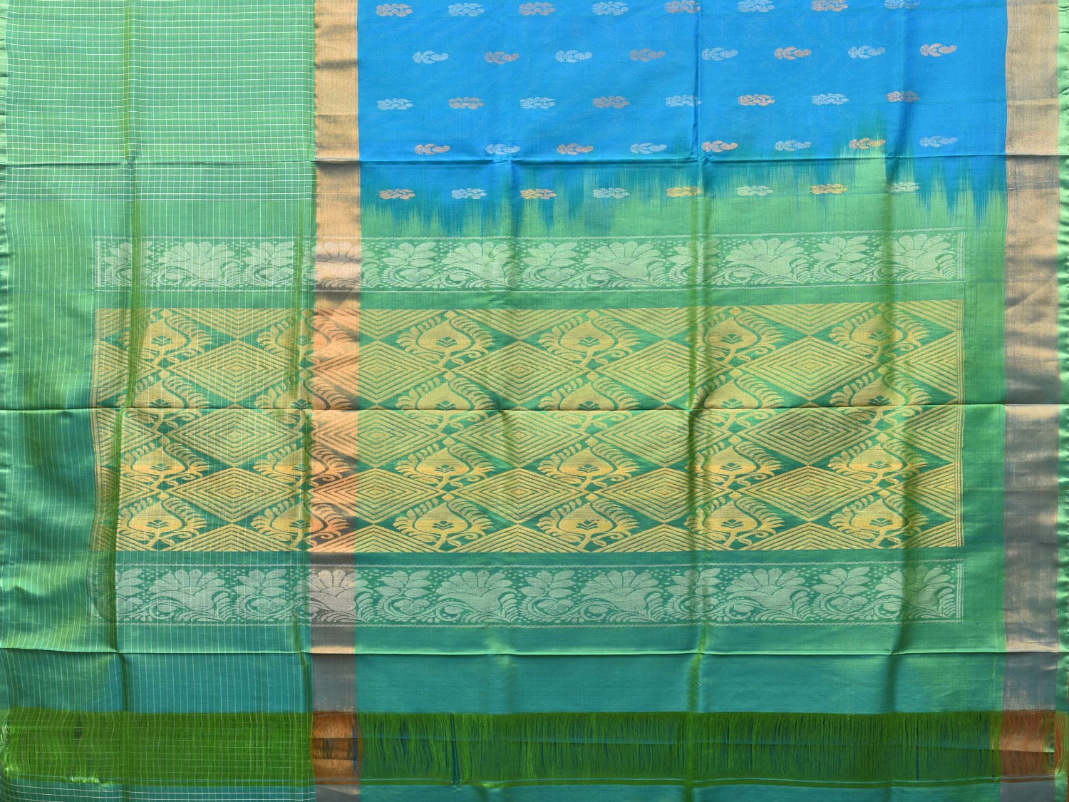 Blue and Sea Green Uppada Silk Handloom Saree with Buta, Border Checks and Pallu Design u2086