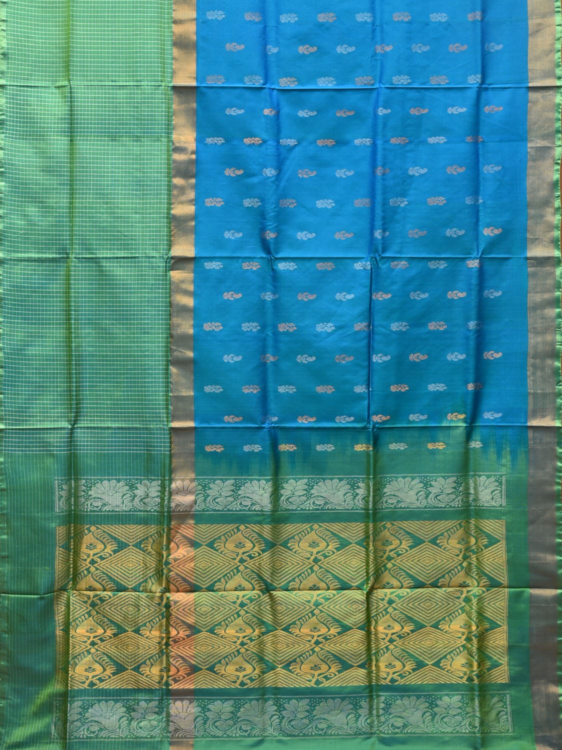Blue and Sea Green Uppada Silk Handloom Saree with Buta, Border Checks and Pallu Design u2086