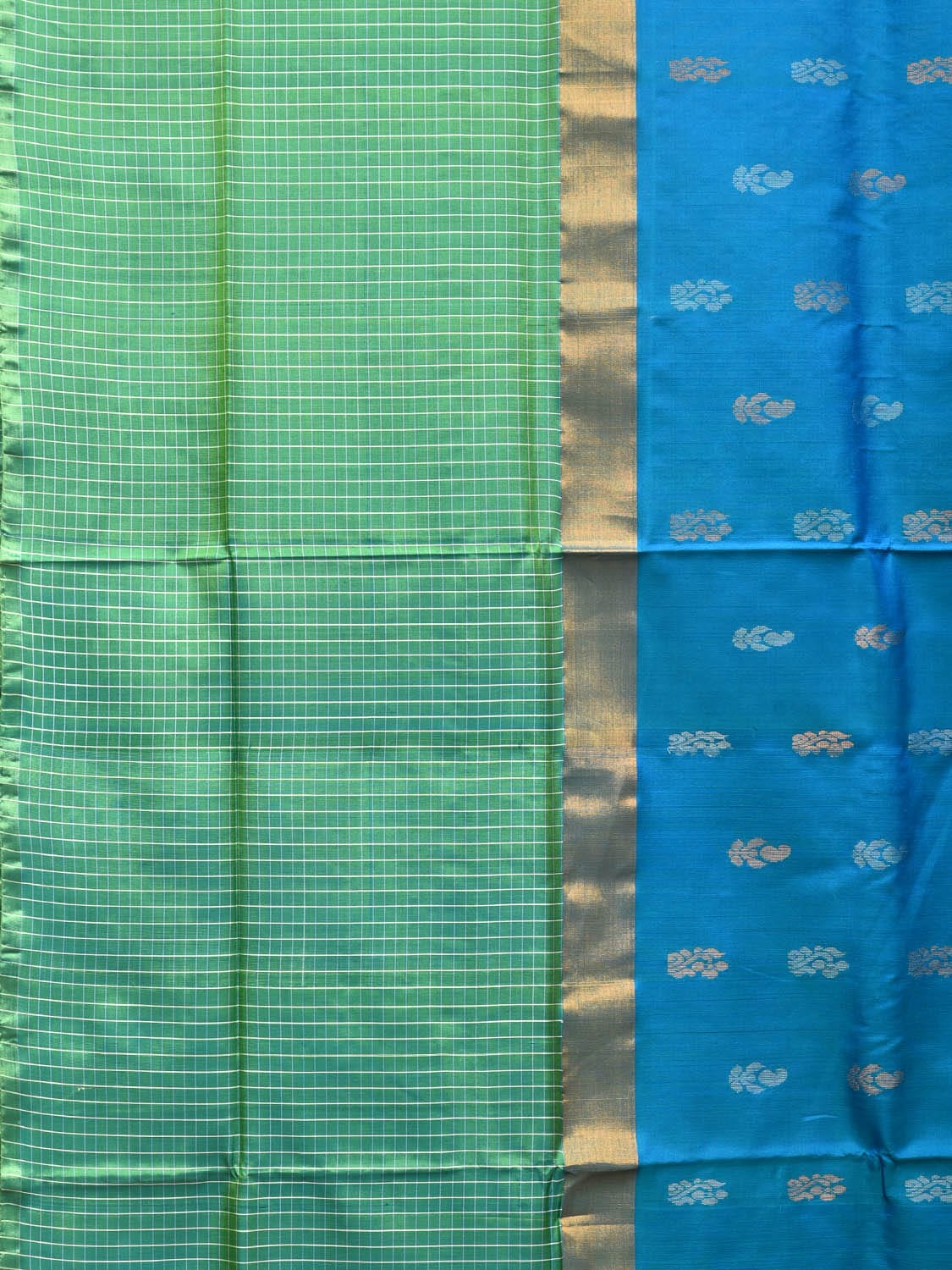 Blue and Sea Green Uppada Silk Handloom Saree with Buta, Border Checks and Pallu Design u2086