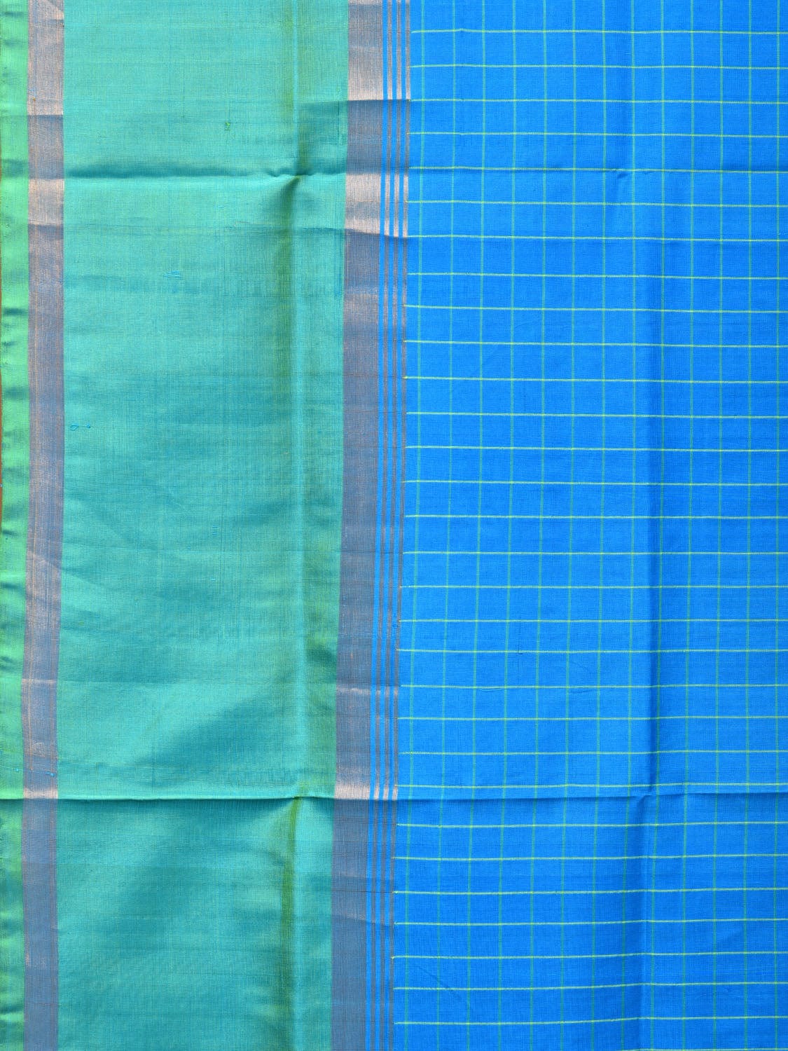 Blue and Sea Green Uppada Silk Handloom Saree with Checks Design u2073