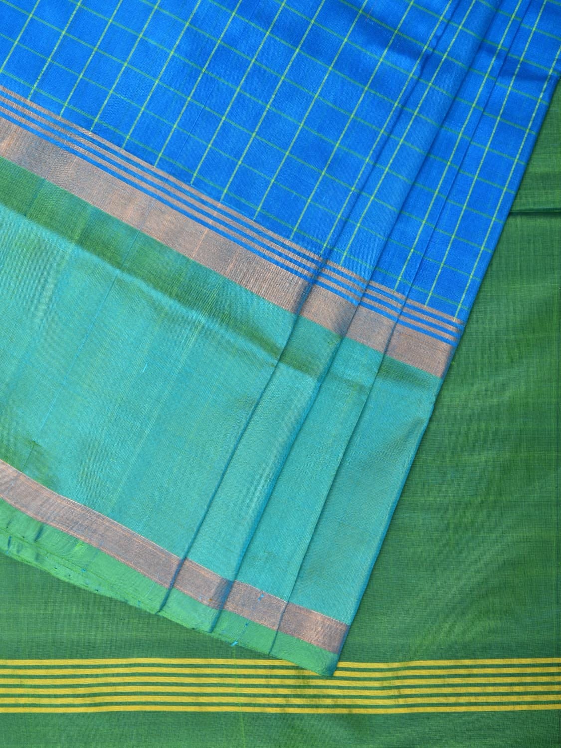 Blue and Sea Green Uppada Silk Handloom Saree with Checks Design u2073