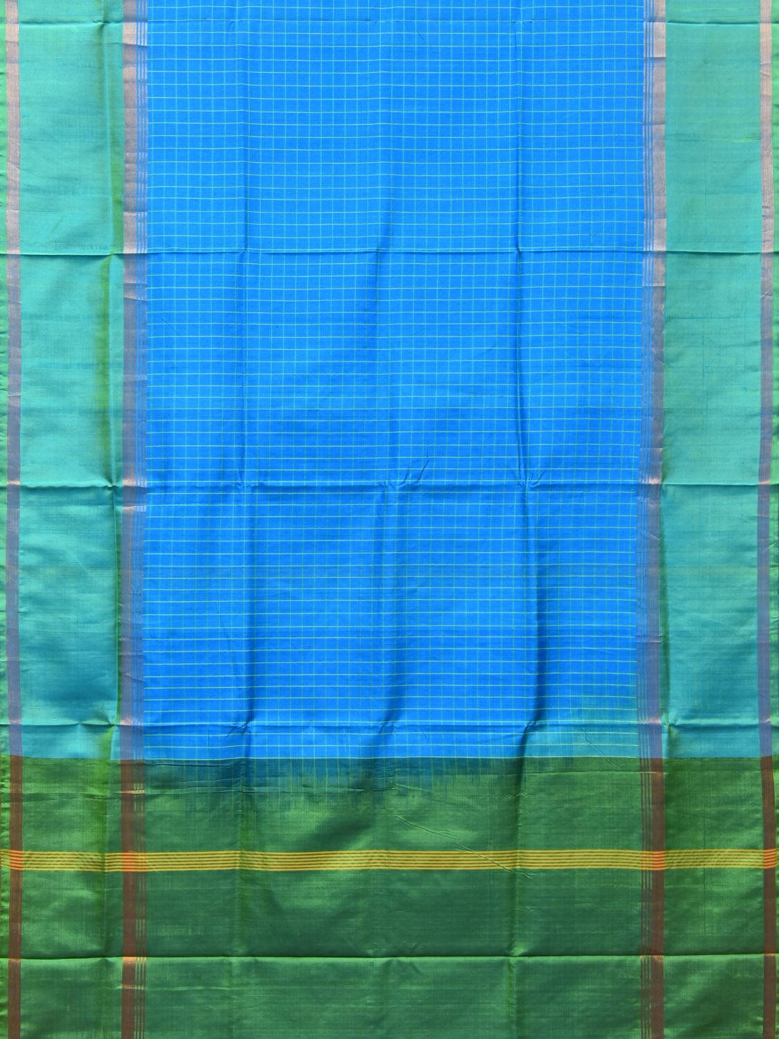Blue and Sea Green Uppada Silk Handloom Saree with Checks Design u2073