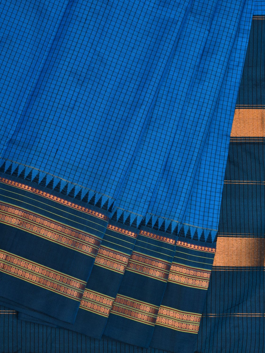 Blue and Teal Narayanpet Silk Handloom Saree with Checks Design No Blouse np0647