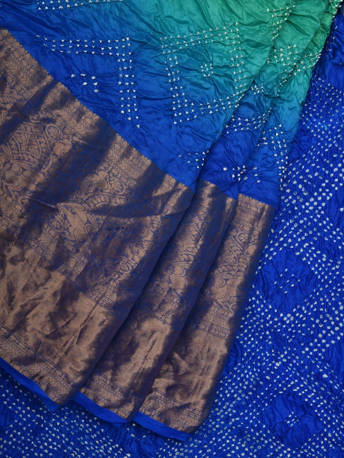 Blue and Turquoise Bandhani Kanchipuram Silk Handloom Saree with Pallu Design bn0382