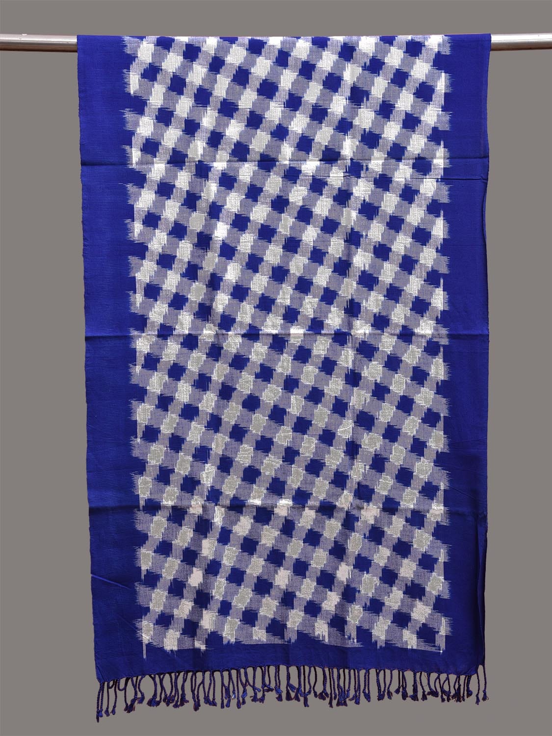 Blue and White Double Ikat Cotton Handloom Stole with Grill Design ds3742