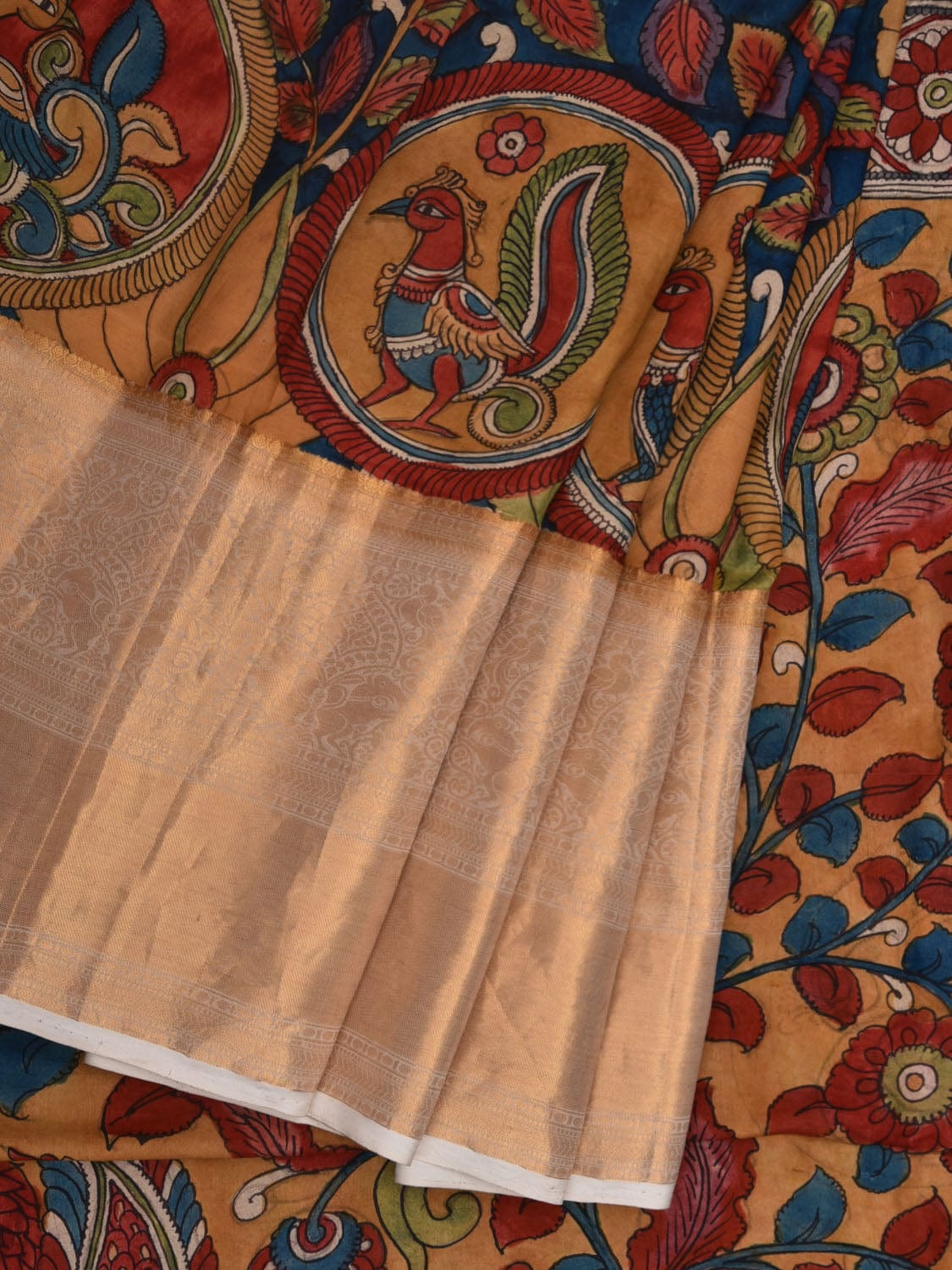 Blue and Yellow Kalamkari Hand Painted Kanchipuram Silk Handloom Saree with Floral and Peacocks Pallu Design KL0642